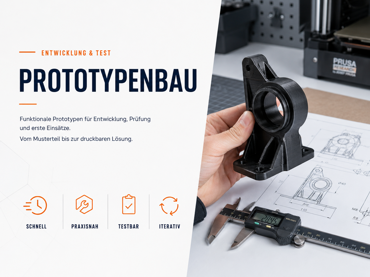 Prototypenbau mit 3D-Druckteil und Messschieber